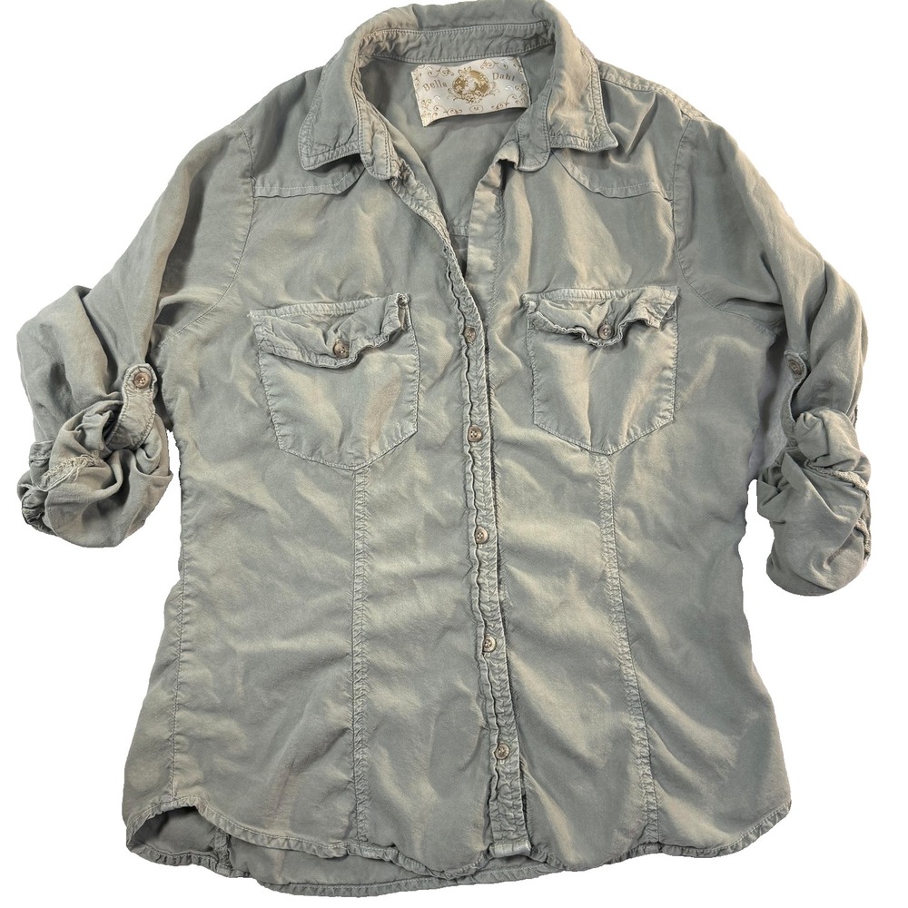 Bella Dahl Roll Tab Shirt Womens M Green Lyocell Button Up Long Sleeve Gorpcore